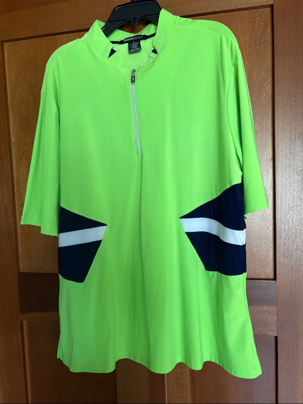 DKNY Neon Green Half-Zip Golf Shirt with Navy & White Accents